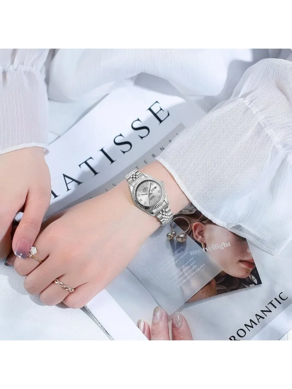 Women's All Silver Waterproof Luminous, Dainty Luxury Diamond Dial Ladies Watch